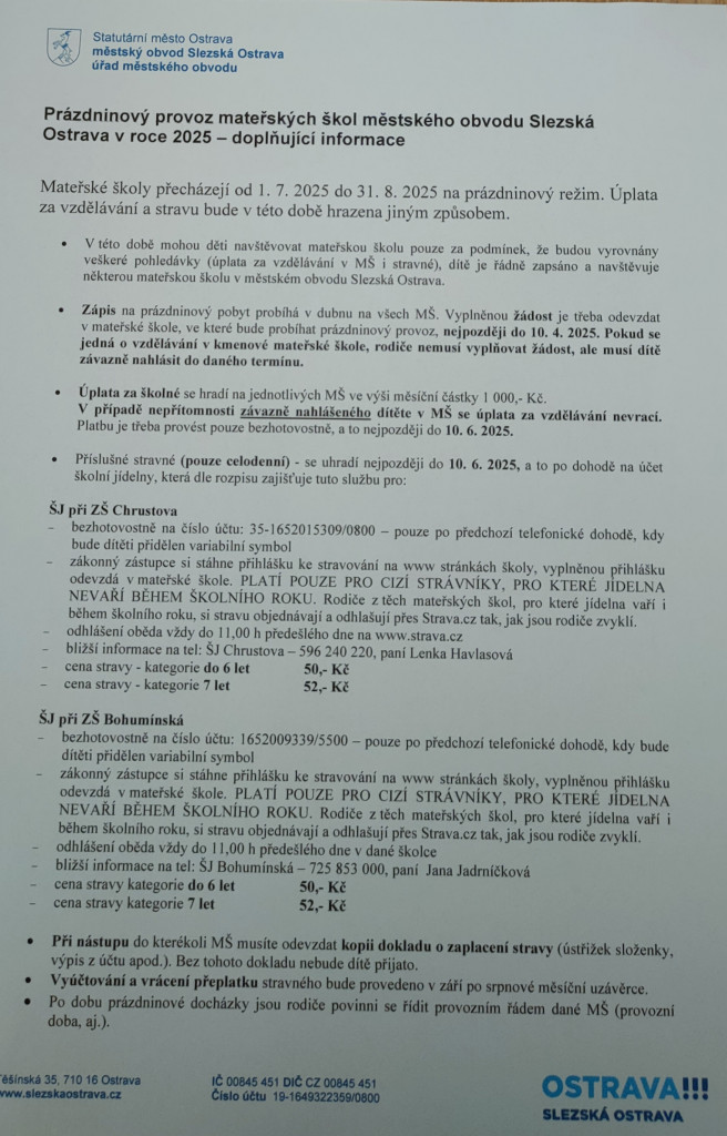 Důležité informace k PRÁZDNINOVÝ PROVOZ 2025